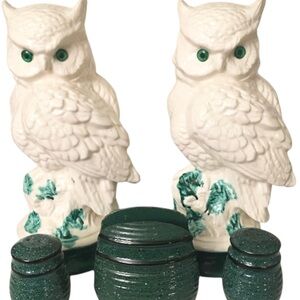 Elegant White Owl Figurines with Green Accents